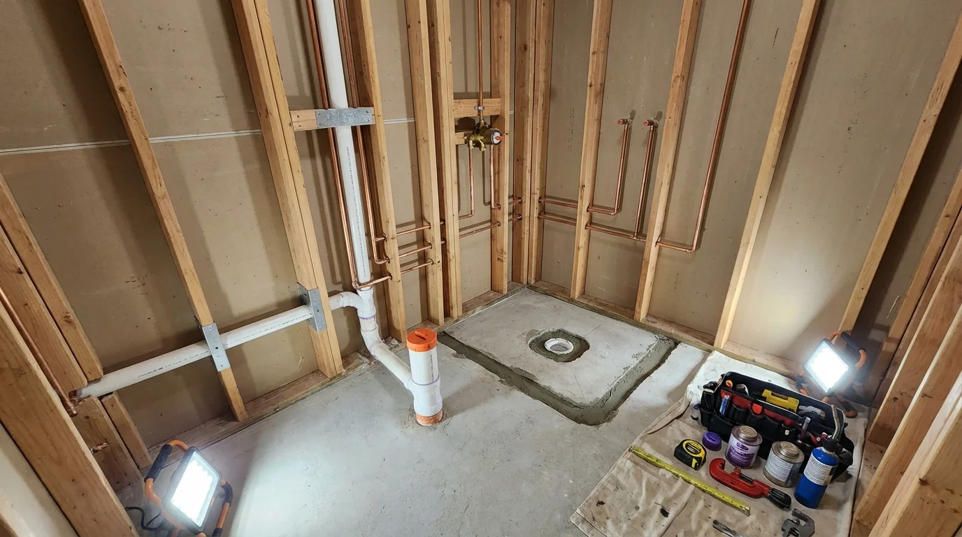 Bathroom rough-in plumbing during remodel by Johns Plumbing LLC in West Bridgewater
