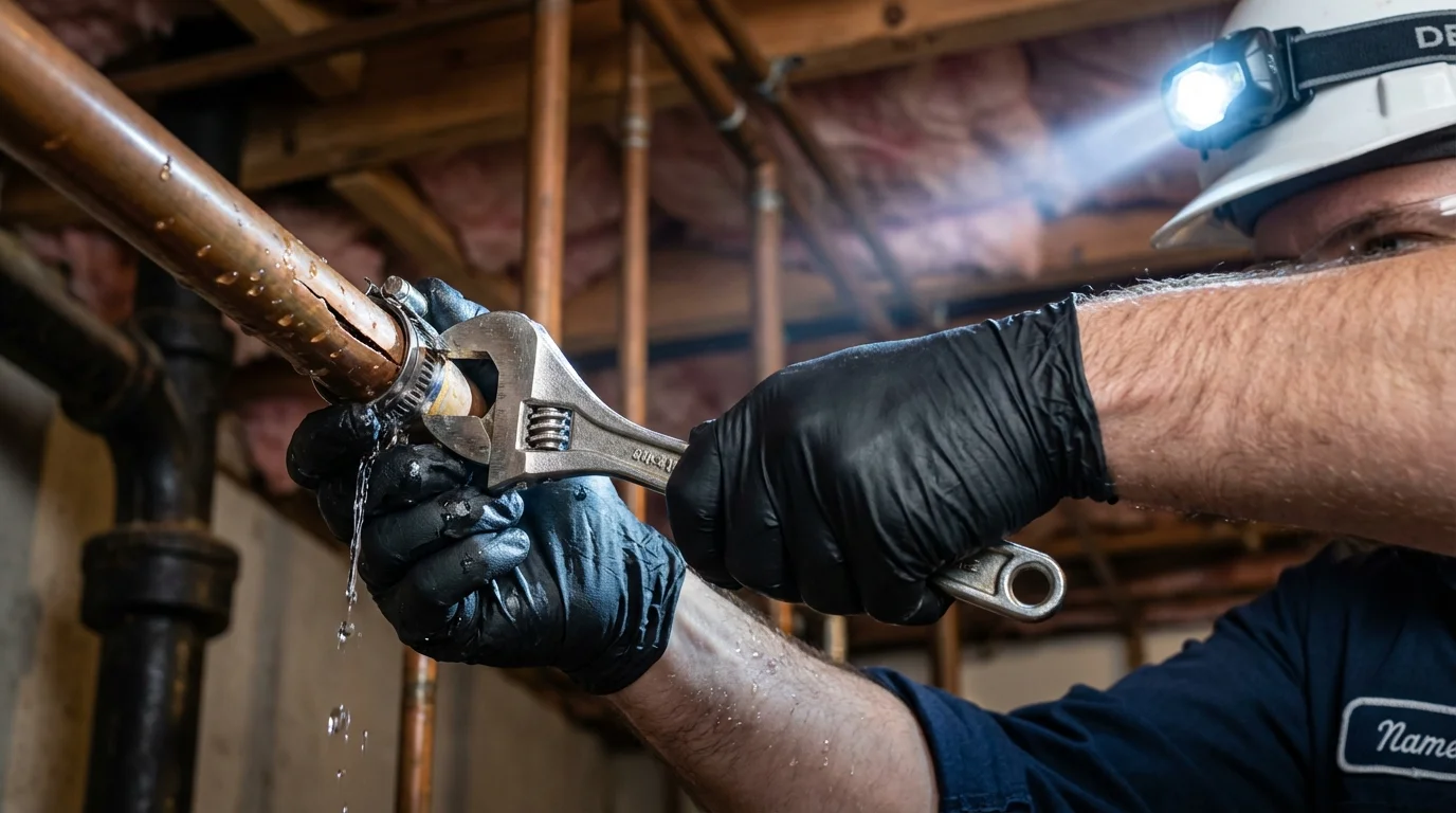 Emergency pipe clamp repair being performed by a Johns Plumbing LLC plumber in West Bridgewater