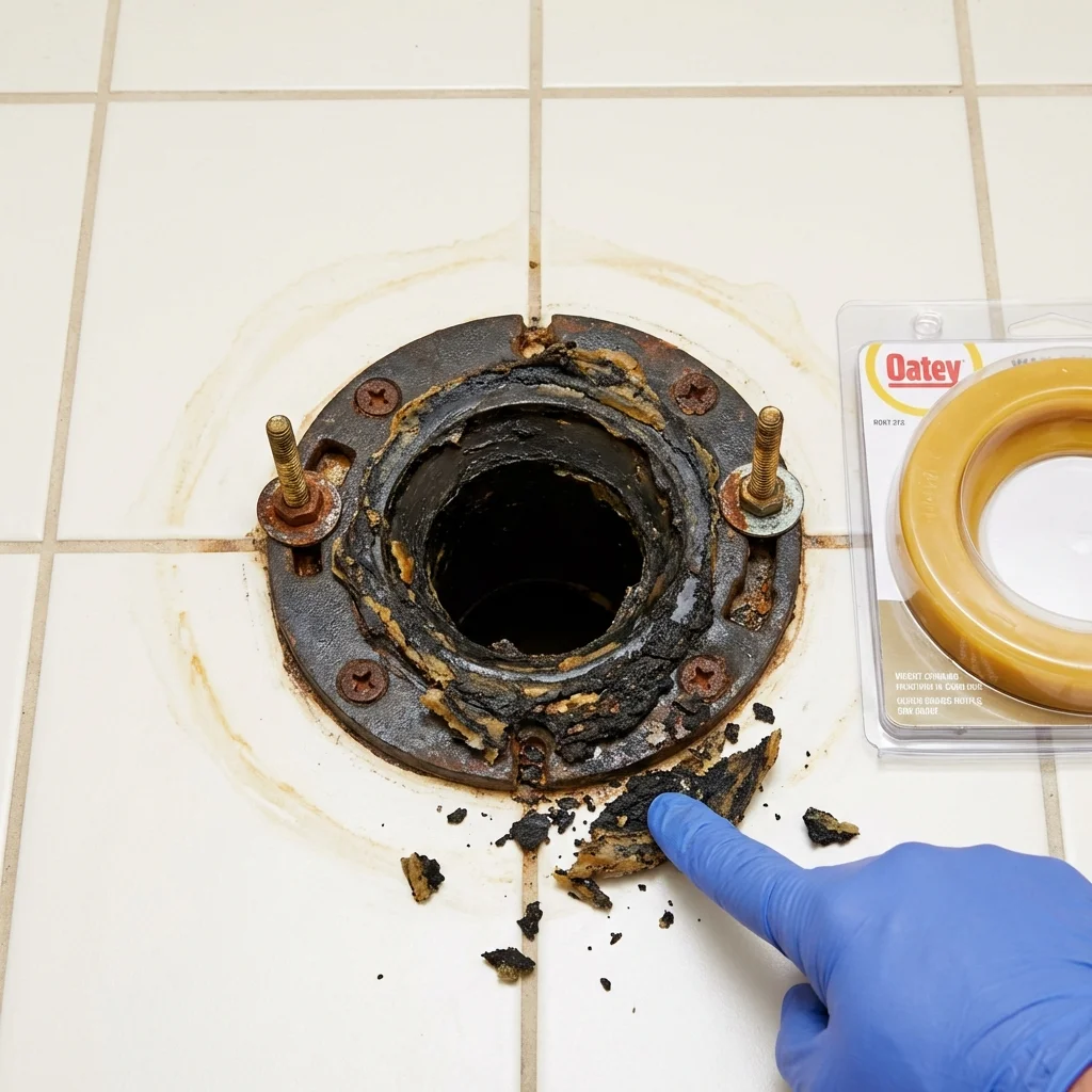 Failed wax ring showing water seepage at the base of a toilet in a West Bridgewater, MA home