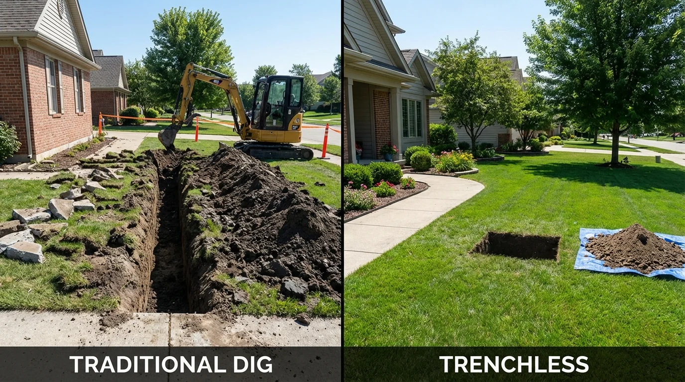 Trenchless sewer repair with minimal yard damage versus traditional excavation in West Bridgewater, MA